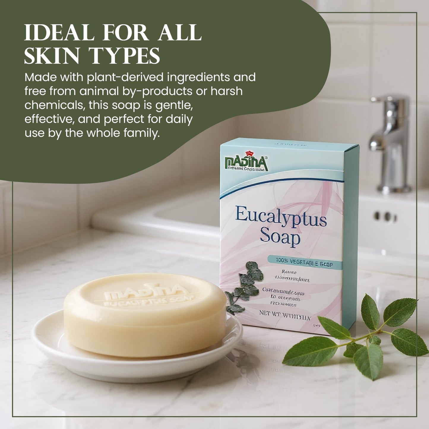 Madina Eucalyptus Soap Bar – Moisturizing, Invigorating, 100% Vegetable-Based, Cocoa Butter, Kava Kava Extract, Gentle Cleanser for Face & Body, 6 Pack (3.5 oz Each)