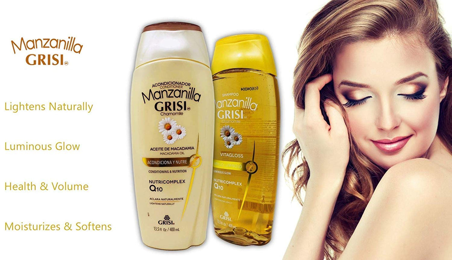 Manzanilla Grisi Premium Bathroom Bundle - Styling Gel, Gold Lightener and Detangler, and a Chamomile Conditioner + Shampoo Set