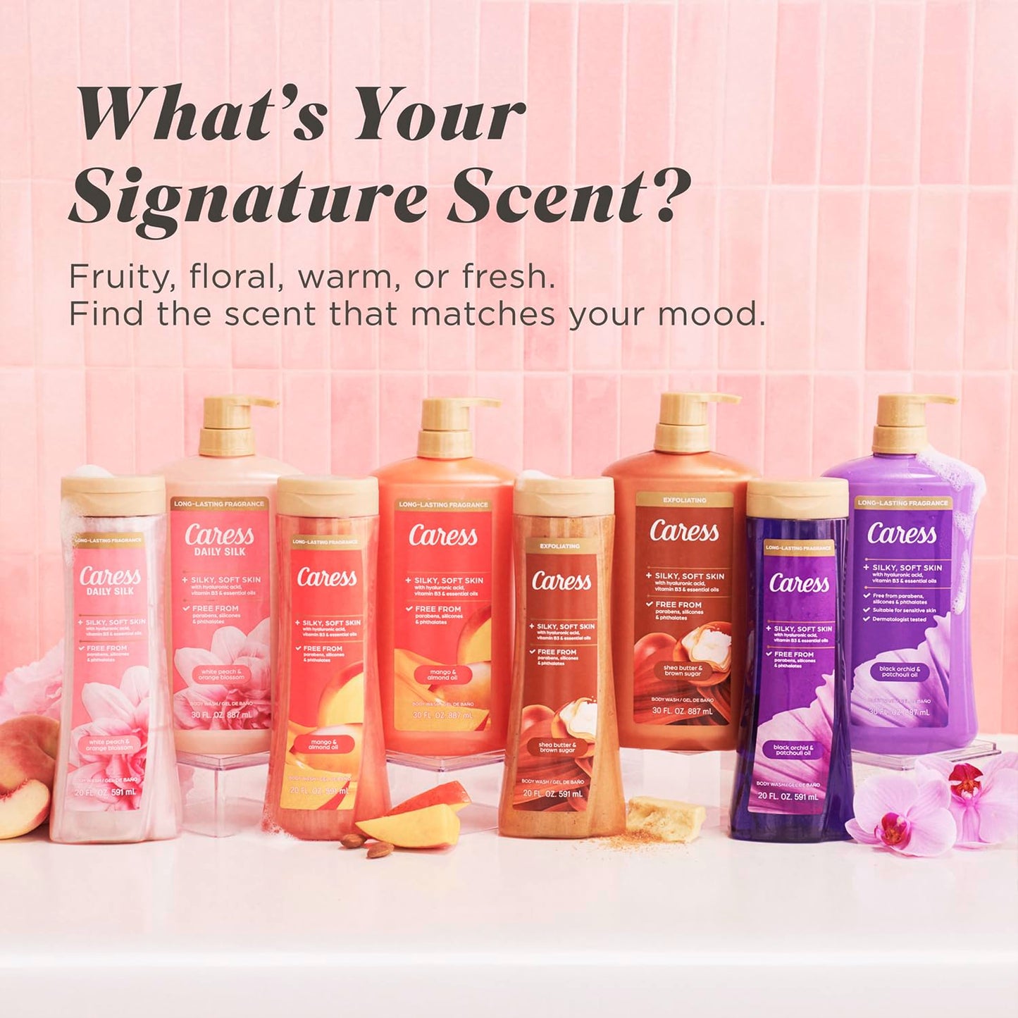 Caress Body Wash, Daily Silk Travel-Size + Full-Size Peony & Almond Blossom Body Wash – Bath & Shower Essentials for Soft, Silky Skin