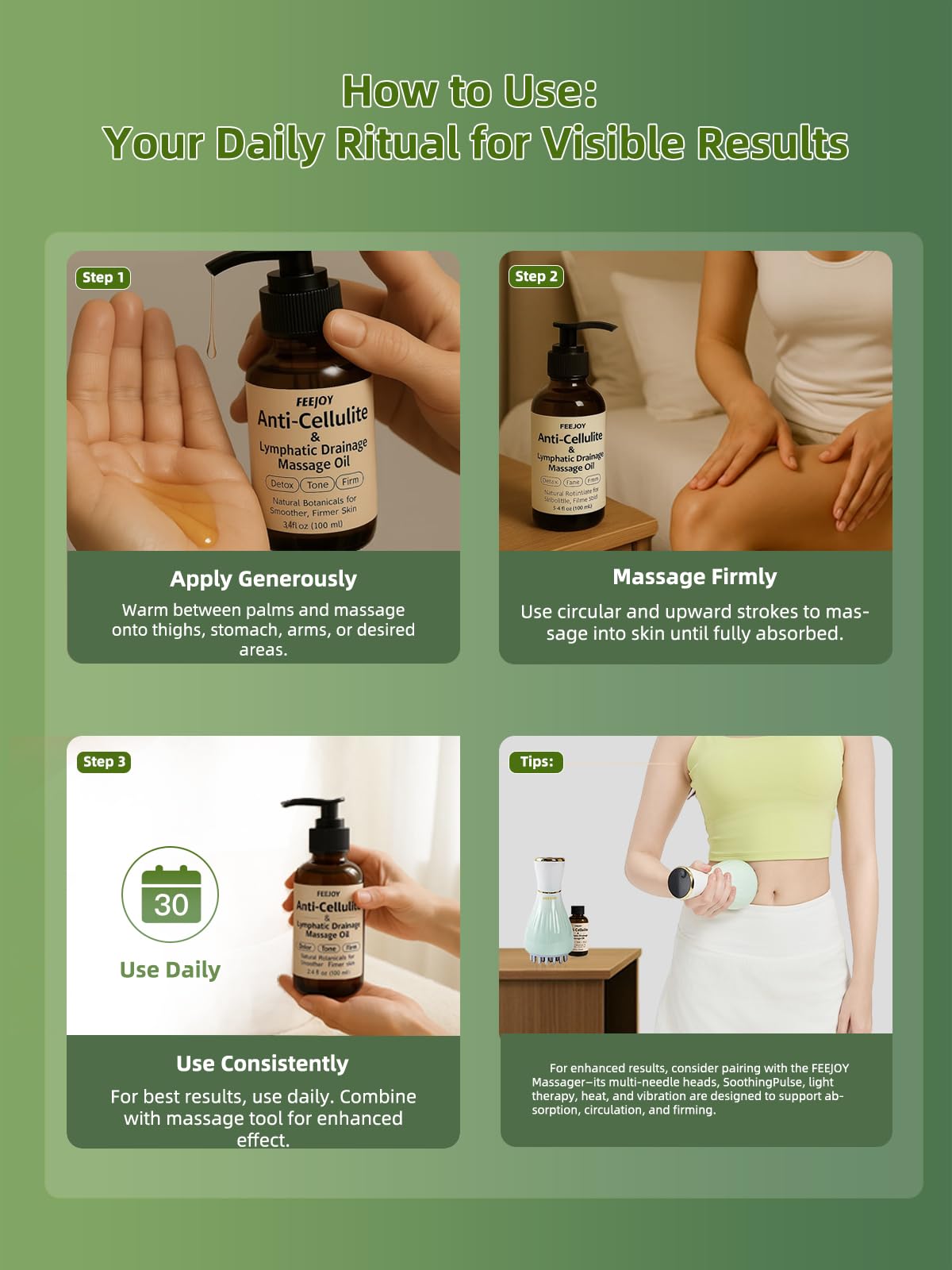 Body Oil & Massage Oil, Body Firming Oil for Cellulite, Lymphatic Drainage, Skin Tightening & Stretch Marks, Massage Oil for Massage Therapy for Leg, Hip, Arm & Belly, Daily or After Shower Use