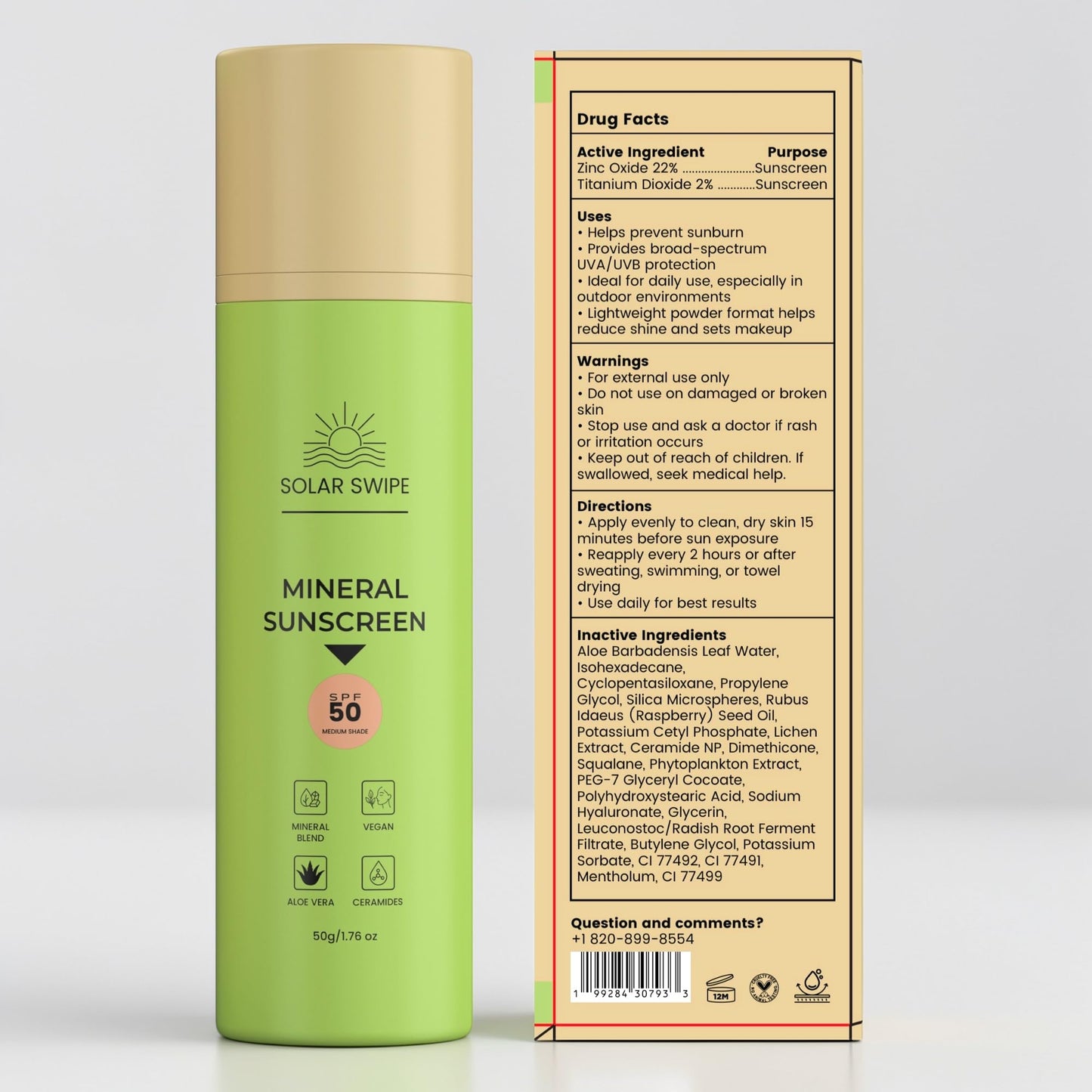 Solar Swipe Hydrating Mineral Sunscreen SPF 50, Zinc Oxide & Titanium Dioxide, with Ceramides & H. acid, Aloe Vera & Menthol Cooling, Face & Body, Oxybenzone-Free, All Skin Types1.76 oz