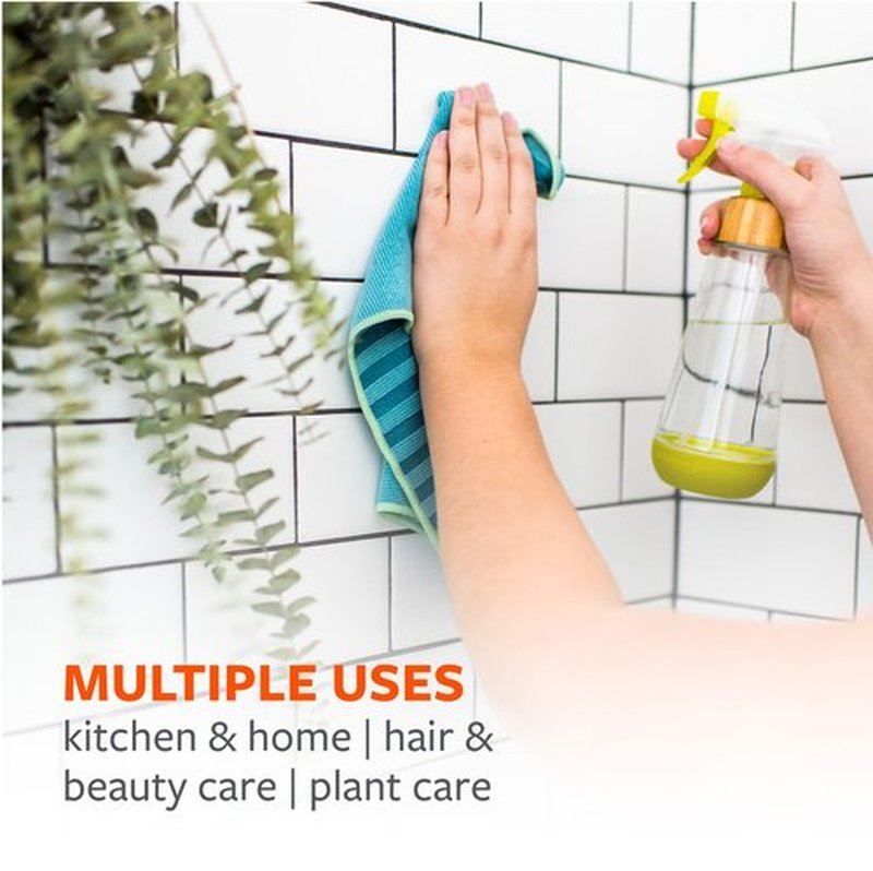 Full Circle Bottle Service - Refillable Glass Spray Bottle for Cleaning - Versatile Stream & Mist Options, Bamboo Details, Silicone Boot - Ideal for Non-Toxic Solutions & Plant Care, 16oz, Green