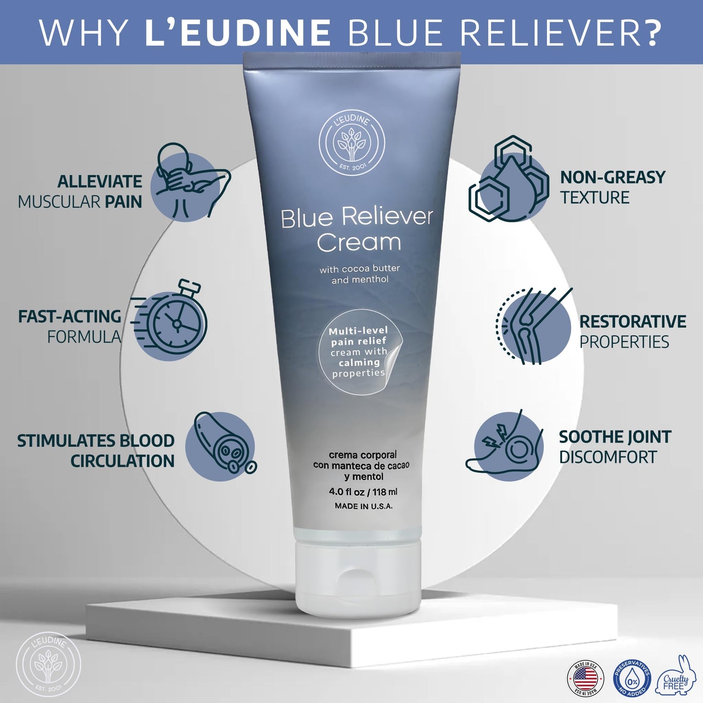 L'EUDINE Blue Reliever Cream – Joint and Muscle Therapy, Body Cream with Cocoa Butter and Menthol