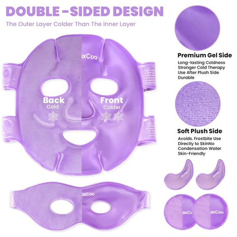 RelaxCoo Ice Face Eye Mask for Dark Circles and Puffiness Cold Warm Compress, Gel Cold Cooling Face Mask Package for Women and Men, Migraines, Headache, Stress and Relaxation Purple
