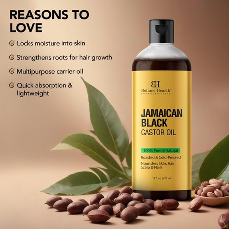 Botanic Hearth Jamaican Black Castor Oil for Hair Growth & Natural Skin Care - Roasted & Cold-Pressed - Massage, Scalp, Hair and Nails - 16 fl oz