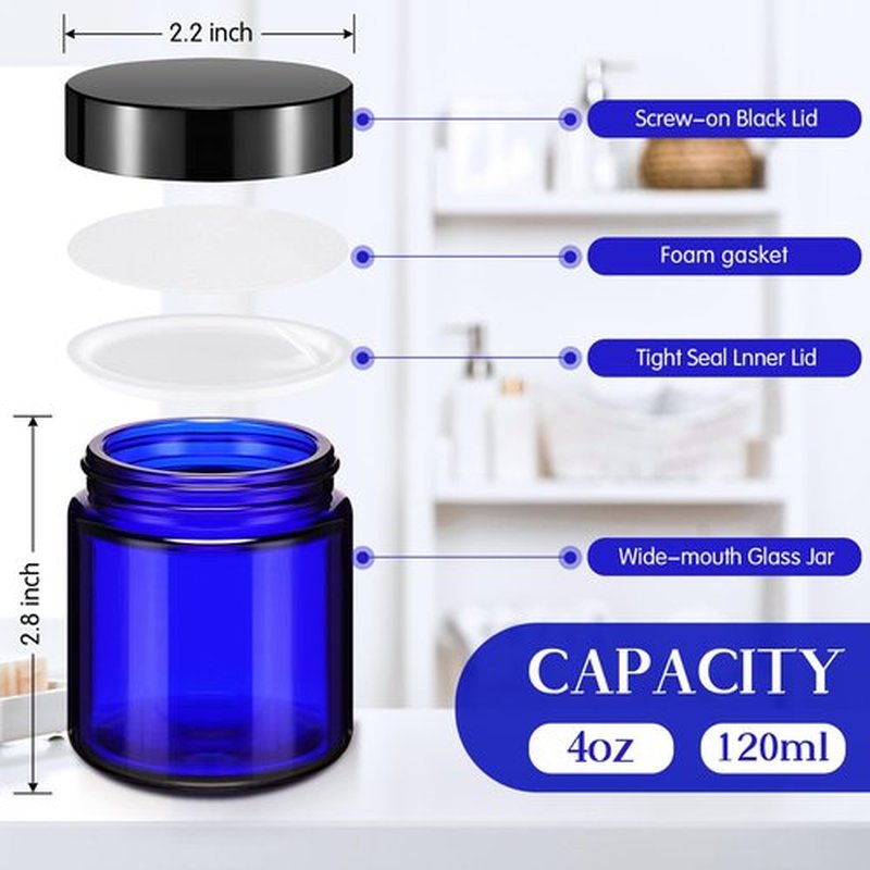 Norme 4 oz Glass Jars with Lids Leakproof Round Airtight Jars Empty Cosmetic Jars with Inner Liners Lid for Storing Lotions Powder Ointments Candle Making(64 Pcs,Cobalt Blue)