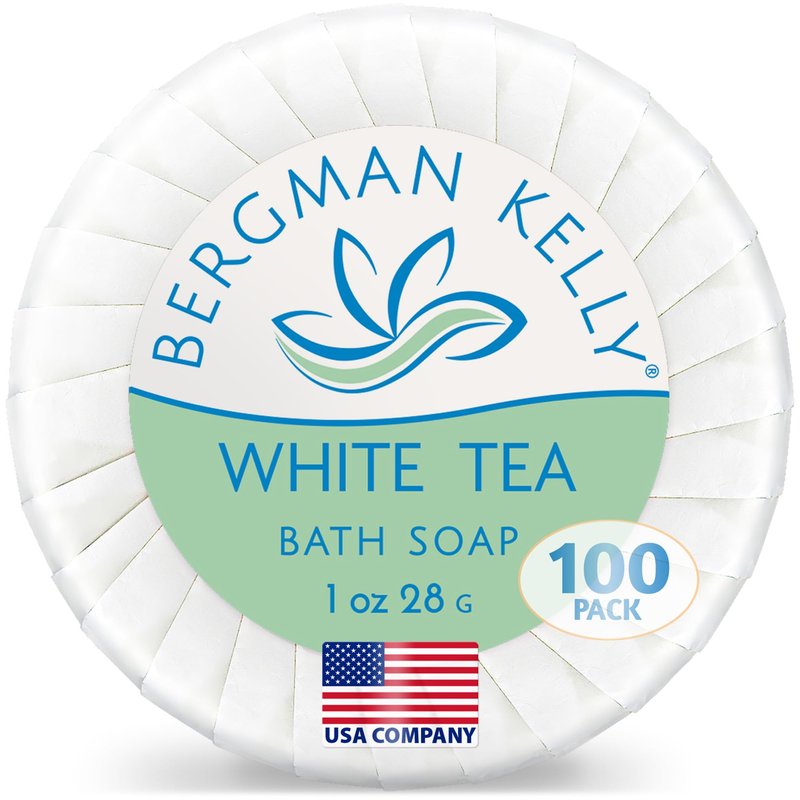 BERGMAN KELLY - Hotel Soap Bars - White Tea, 1 oz, 100 PK - Travel Size Luxury Bulk Amenities Bar Soap - Mini Individually Wrapped Round Soap - Small Toiletries for Airbnb, Motel, Guest Bathroom