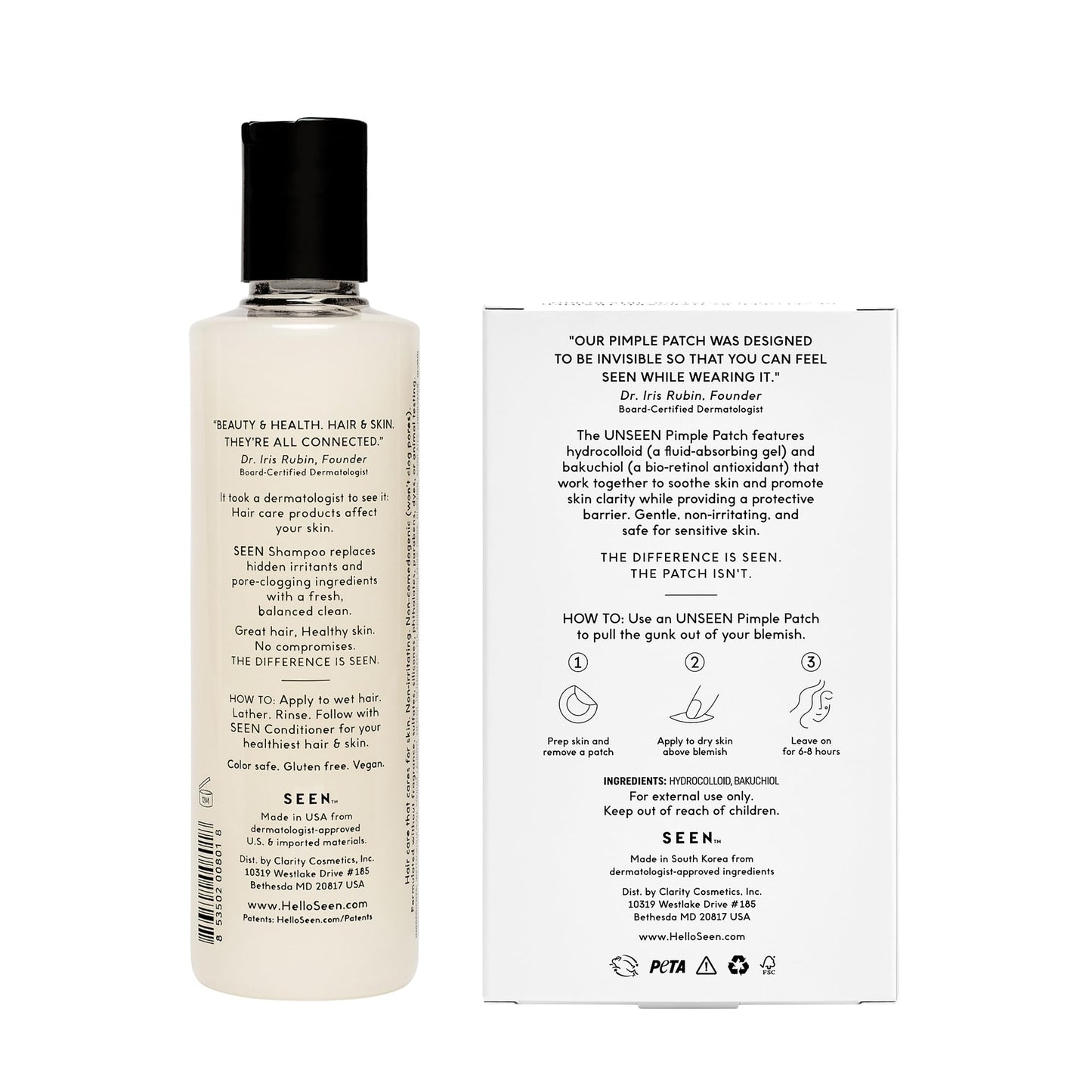 SEEN Shampoo, Fragrance-Free UNSEEN Pimple Patch - Dermatologist Developed- Non-Comedogenic & Sulfate-Free Hair Shampoo & Spot Treatment - Safe for Sensitive, Eczema & Acne Prone Skin