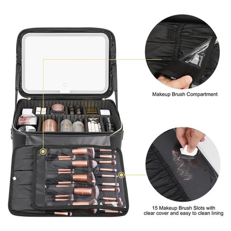 Relavel Makeup Case Large Makeup Bag with LED Mirror, Professional Train Case 16.2 inch, Travel Cosmetic Organizer Brush Holder Waterproof Makeup Artist Storage Box with Adjustable Strap
