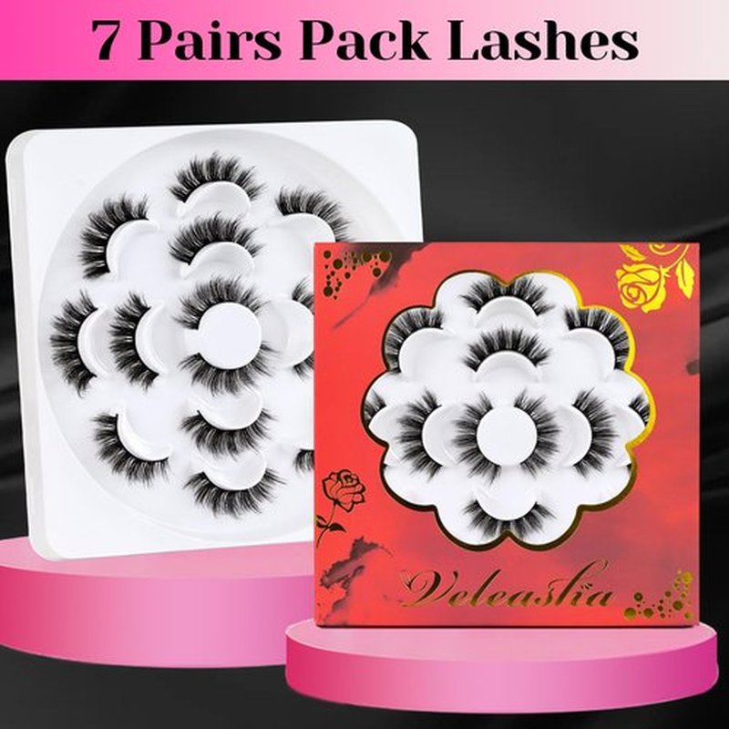 Veleasha 5D Faux Mink Lashes Handmade Luxurious Volume Fluffy Natural False Eyelashes 7 Pairs (Elegance)
