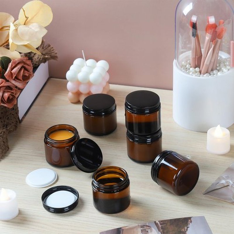 RAMFIYN 2oz Amber Glass Jars with Lids 24 Pack Cosmetic Containers with Lids Amber Candle Jars Empty Cosmetic Jars for Travel Amber Glass Jars for Lotion Cream