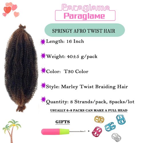 Springy Afro Twist Hair 16 Inch Pre-Separated Marley Twist Braiding 8 Packs Ombre Brown Kinky Marley Twist Hair for Spring Twist Crochet Braids Hair Extension(16Inch,T30)