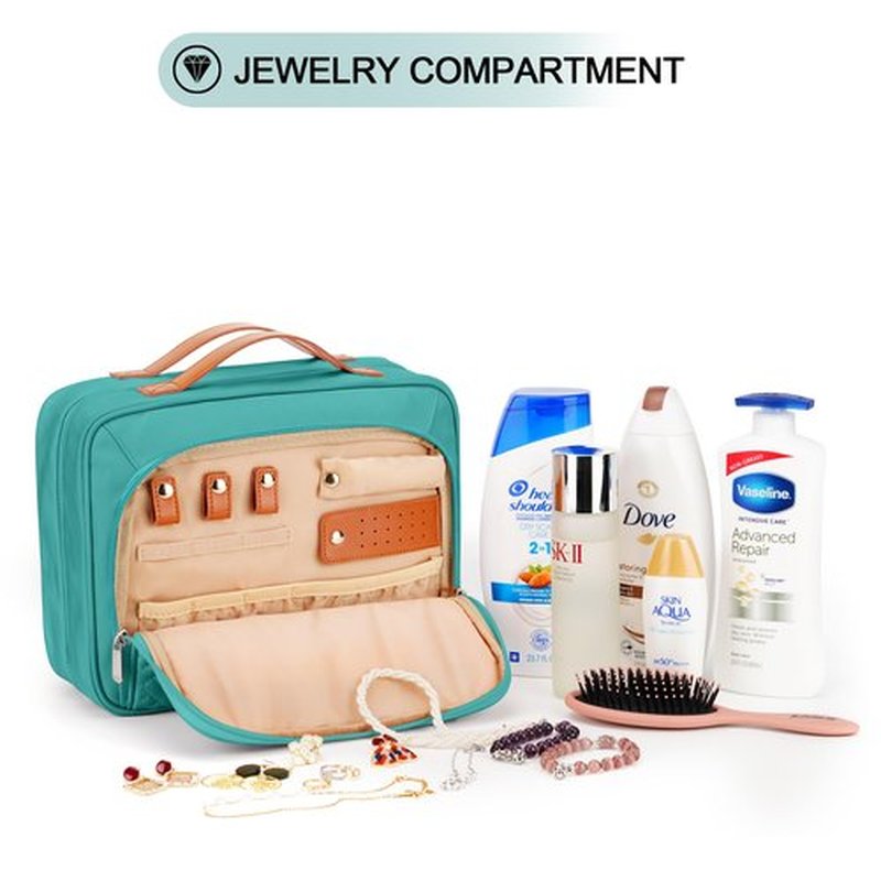 COOSKY Travel Hanging Toiletry Bag for Women, with Jewelry Organizer Compartment, Medium Waterproof Hanging Makeup Accessories, Cosmetic Essentials, Toiletries Dopp Kit Set with Trolley Belt, Blue