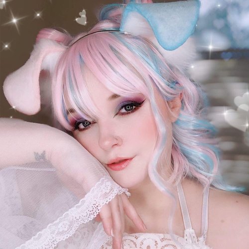 VCKOVCKO Natural Wavy Wig With Air Bangs Short Bob Piano Color Wigs Women's Shoulder Length Wigs Curly Wavy Synthetic Cosplay Wig Pastel Bob Wig for Girl Colorful Wigs(12",Pink & Sky Blue Mixed)