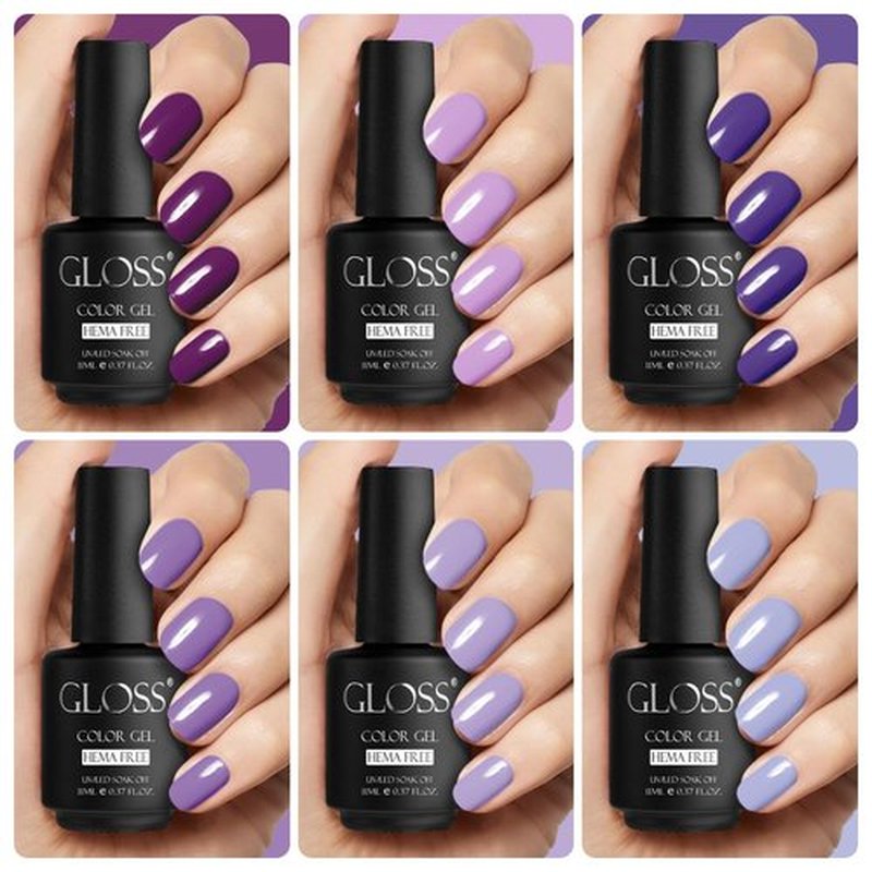 GLOSS Purple Gel Nail Polish Set | 6 Pcs HEMA Free Gel Polish with Purple, Blue, Violet, Dark Blue, Lavender & Lilac Colors, LED Nail Gel Polish, Nail Art DIY, at Home Gifts for Women & Girls