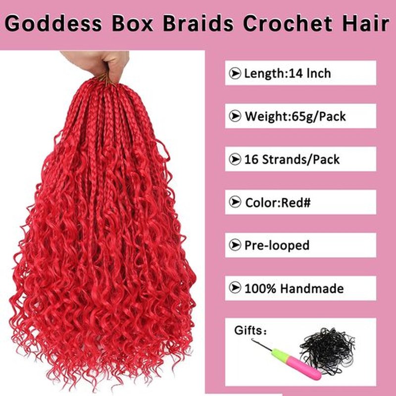 COOKOO 14 Inch Goddess Box Braids Crochet Hair With Curly Ends 8 Pack 3X Synthetic Bohomian Hippie Box Braids Crochet Hair Pre Looped Braiding Hair Extension for Black Women (Red#)