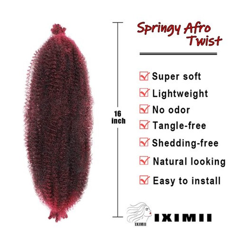 IXIMII 16 Inch Burgundy Springy Afro Twist Hair 3 Packs Red Pre-Separated Kinky Marley Twist Braiding Hair Soft Pre-Fluffed Synthetic Crochet Hair Extensions for Spring Twists Bomb Twists Style