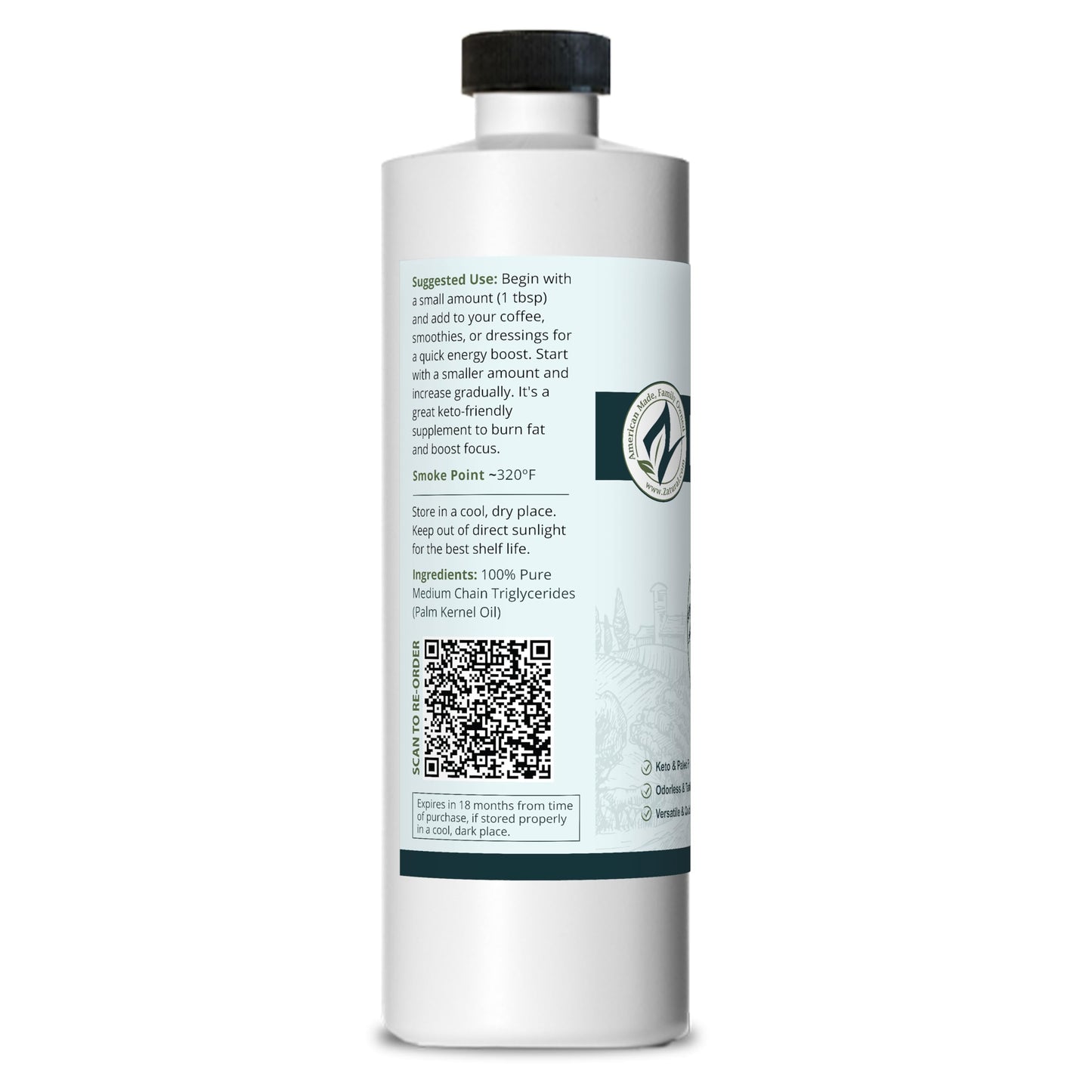 Pure MCT Oil, Carrier, Massage, Hydrating, Hair, Food, and Therapeutic Grade, 16 Oz