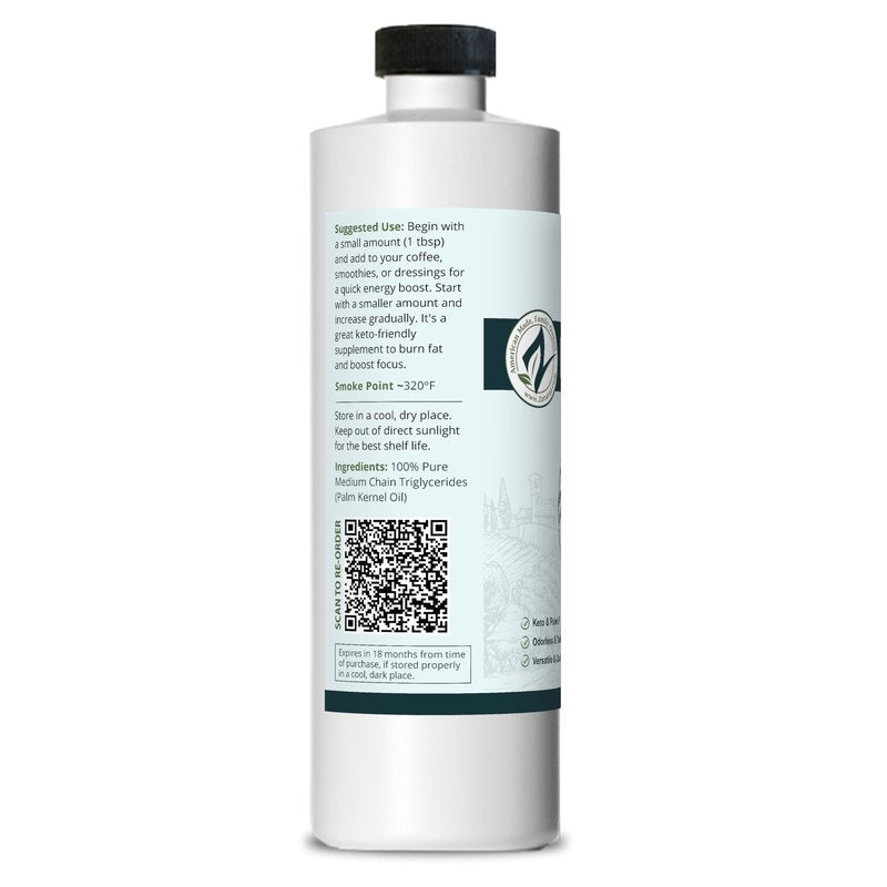 Pure MCT Oil, Carrier, Massage, Hydrating, Hair, Food, and Therapeutic Grade, 16 Oz