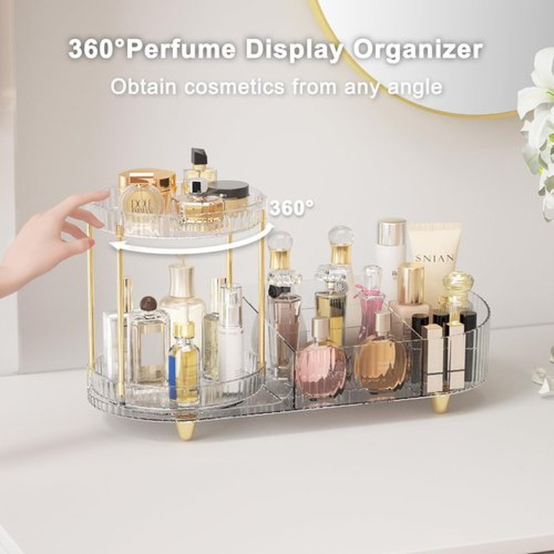 Lulltou Rotating Makeup Organizer Countertop with Perfume Tray for Vanity, 2-in-1 Cosmetic Organizer and Storage Holder, Large Desk Makeup and Skincare Organizers for Counter Bathroom Dresser