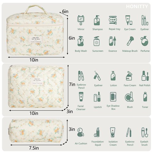 Makeup Bag,Quilted Cosmetic Bag,Large Floral Make Up Bag for Women,Cotton Makeup Bag Set,Flower Travel Toiletry Bag