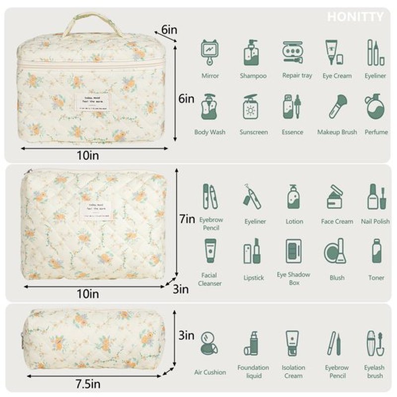 Makeup Bag,Quilted Cosmetic Bag,Large Floral Make Up Bag for Women,Cotton Makeup Bag Set,Flower Travel Toiletry Bag