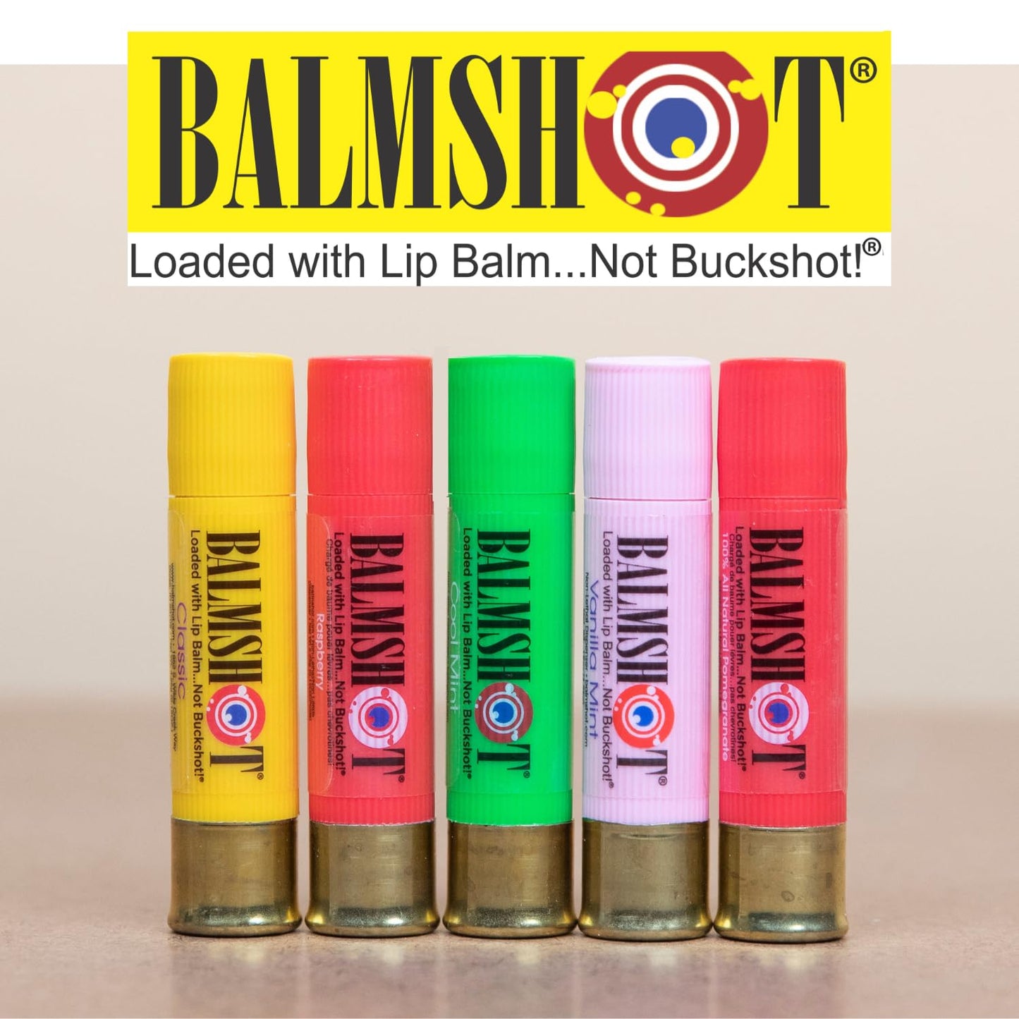 BALMSHOT Pomegranate Lip Balm SPF 15 (2-Pack) – Natural Beeswax Chapstick, Moisturizing Lip Protector for Very Dry Lips, 20-Gauge Brass Shotgun Shell Case, Outdoor Heat Tolerant, Made in USA