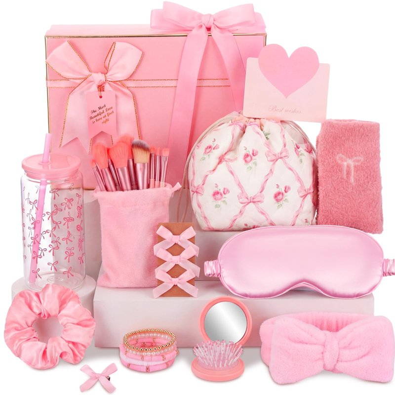 Acellegic 14 Pcs Gift Baskets for Women Teen Girls Trendy Stuff Coquette Bow Birthday Gift for Her, Tween, Teenage, Daughter, Sister, Best Friend 16th 18th 21st Bday Graduation(Pink Bow Floral)