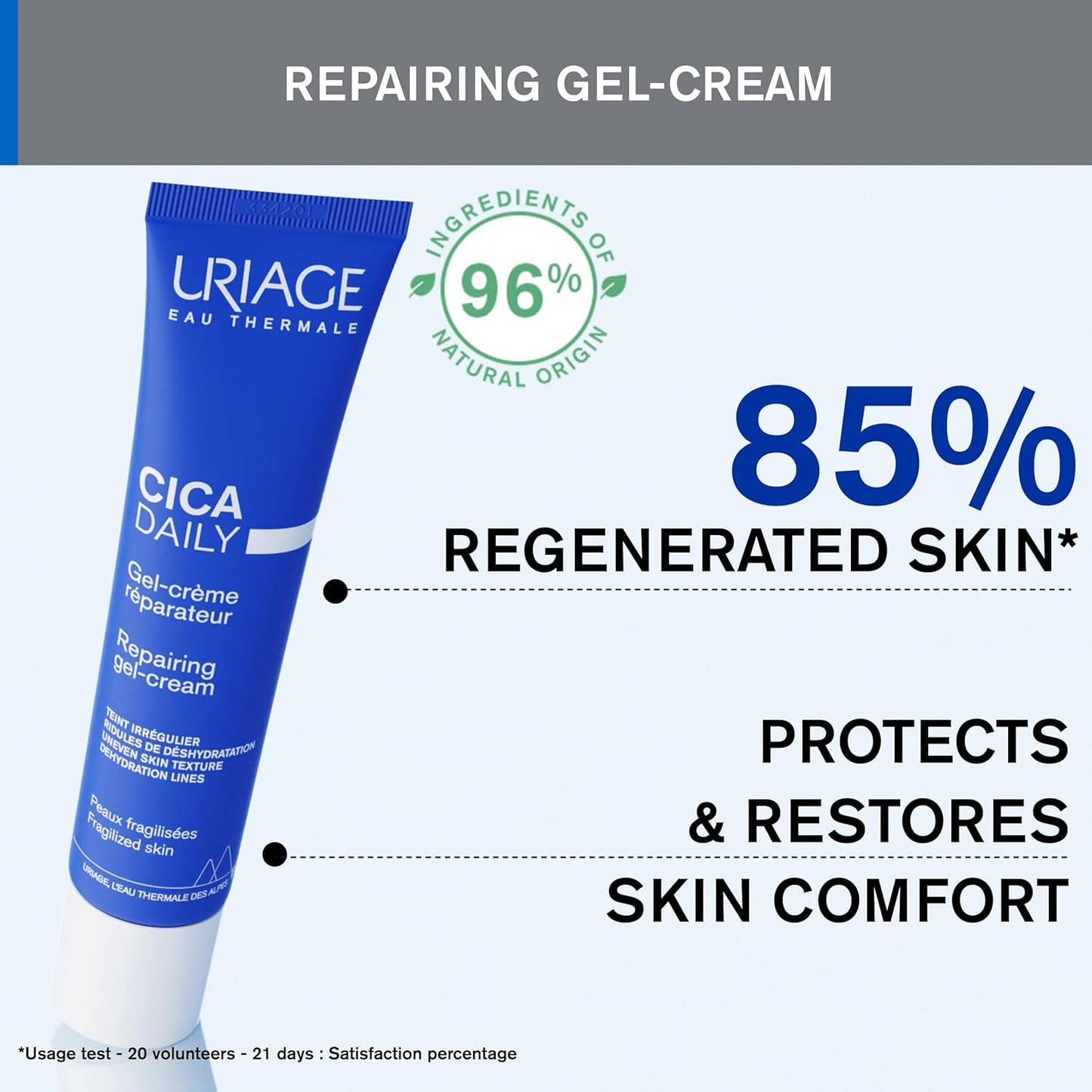URIAGE Cica-Daily Repairing Gel-Cream for Face | Made With Prebiotic, Centella Asiatica & D-Panthenol, Ultra-light gel, Paraben & Fragrance-Free, Non-comedogenic, 40 mL / 1.35 oz