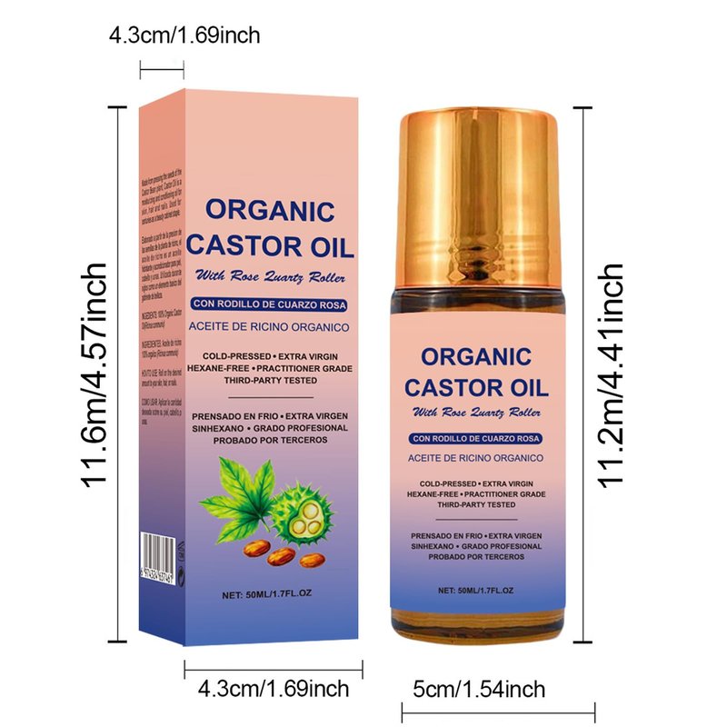 VOKOZK Organic Golden Castor Oil Roll-On with Rose Quartz Roller Ball - Hexane Free, 100% Pure Cold Pressed Glass Bottle, Moisturizing Skin for Lashes, Brows, Skin, Hair, 1.7 Fl Oz (1PCS)