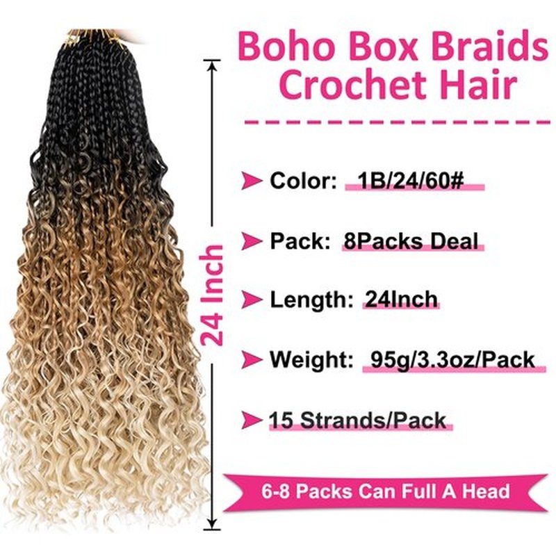 Unionbeauty 8 Packs Boho Box Braids Crochet Hair 24 Inch Goddess Box Braids Crochet Hair with Curly Ends Bohemian Hippie Box Braids Synthetic Braiding Hair Extension for Black Woman Crochet Box Braids