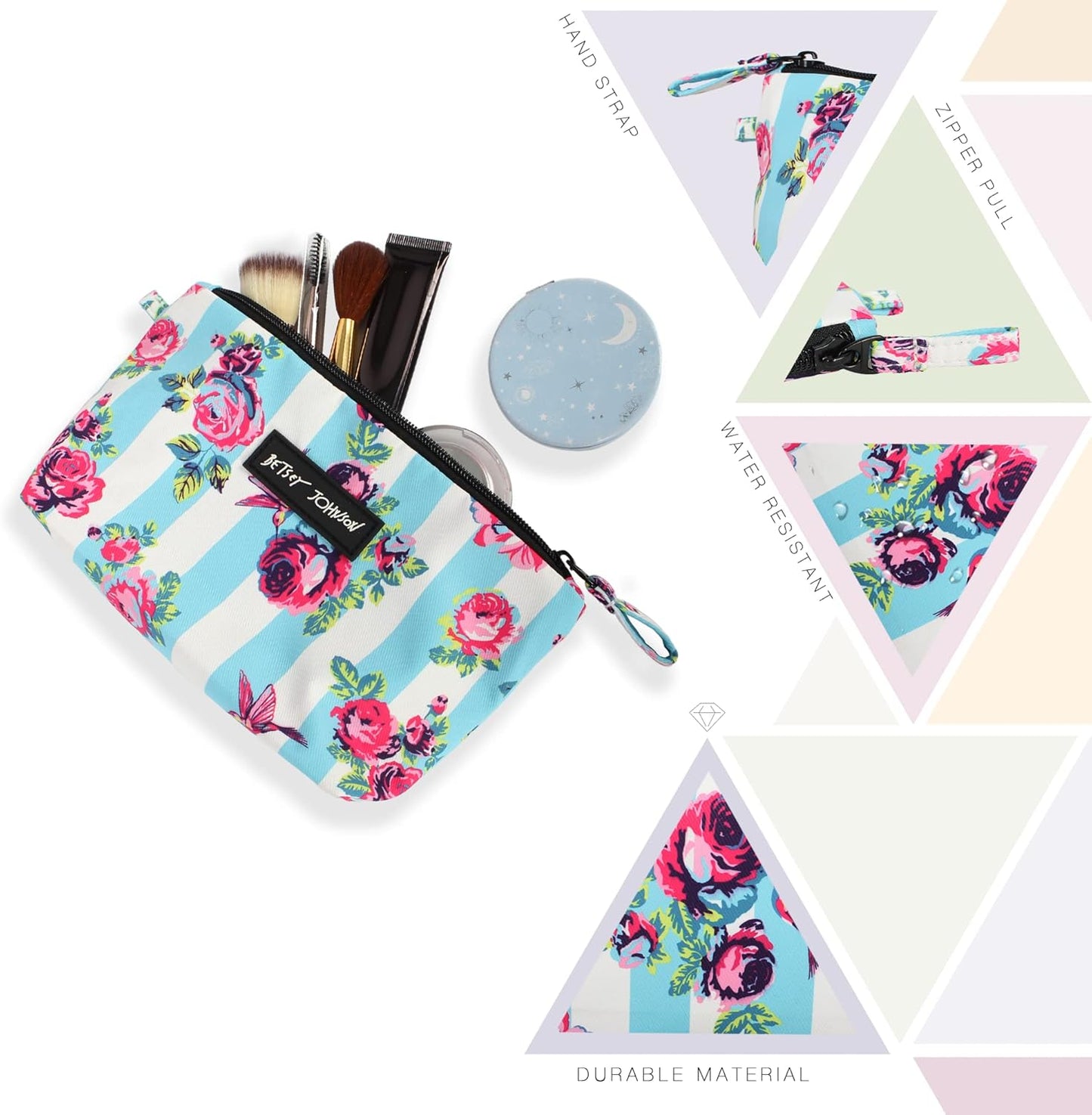 Betsey Johnson 8.5 Inch Zipper Cosmetic Pouch Small Toiletry Bag–Lightweight Durable Polyester Organizer with Inner Zipped Pocket Good For Makeup Accessories and Travel Needs (Covered Rose)