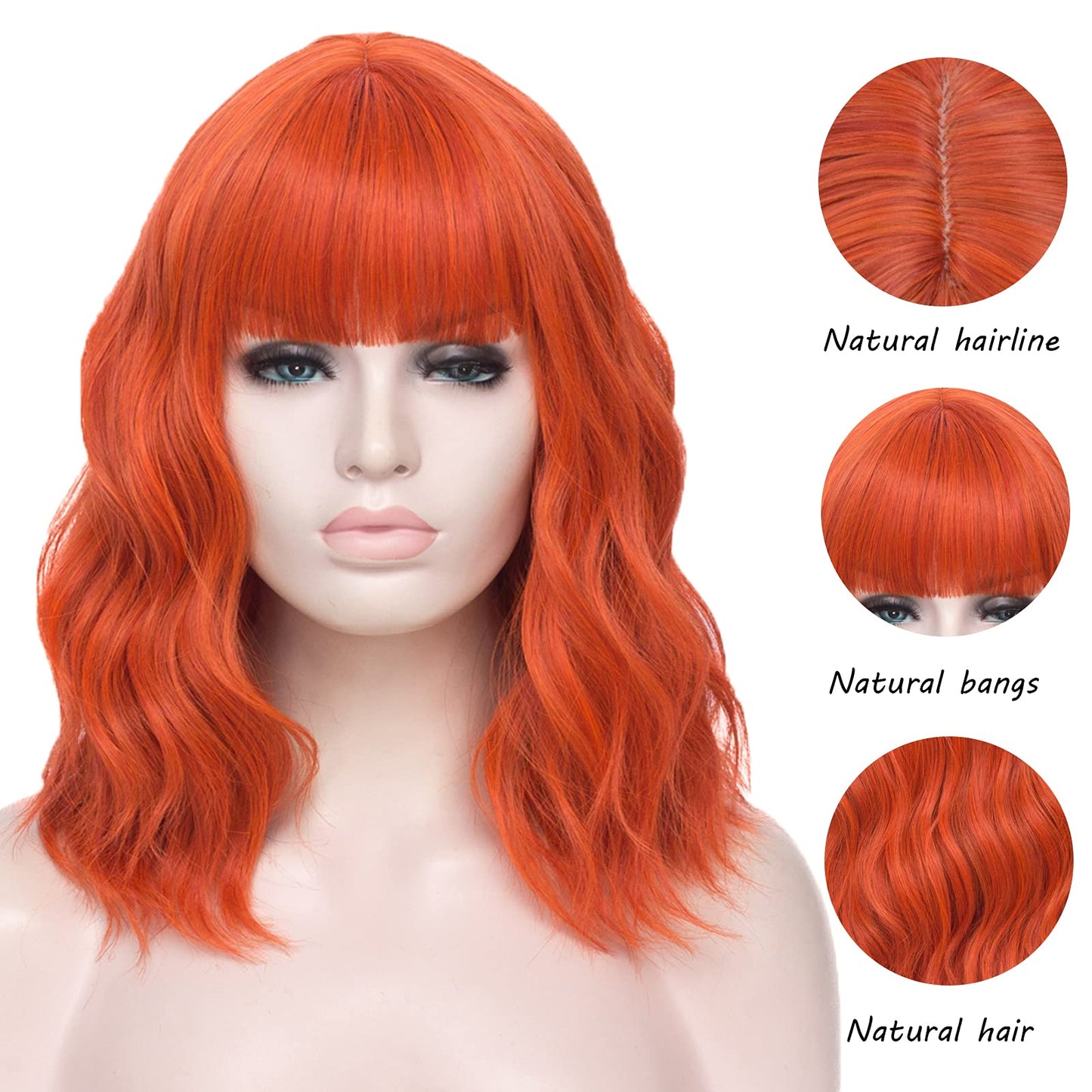 WGPFWIG Women's Light Orange Wig Short Curly Wavy Wig Shoulder Length Flat Bangs Wig For Women Girl Cosplay Party Halloween Wig Cap Included (Light Orange)