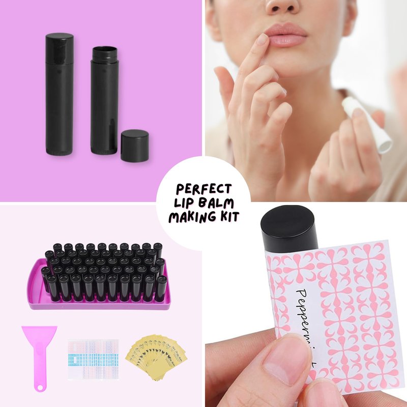 Kare & Kind Lip Ba lm Filling Tray Kit - 1x Filling Tray, 1x Spatula, 50x Lip Balm Tubes (Black), 50x Writable Sticker (3 colors), 50 Printed Stickers (Transparent) - DIY Homemade Lip Balm