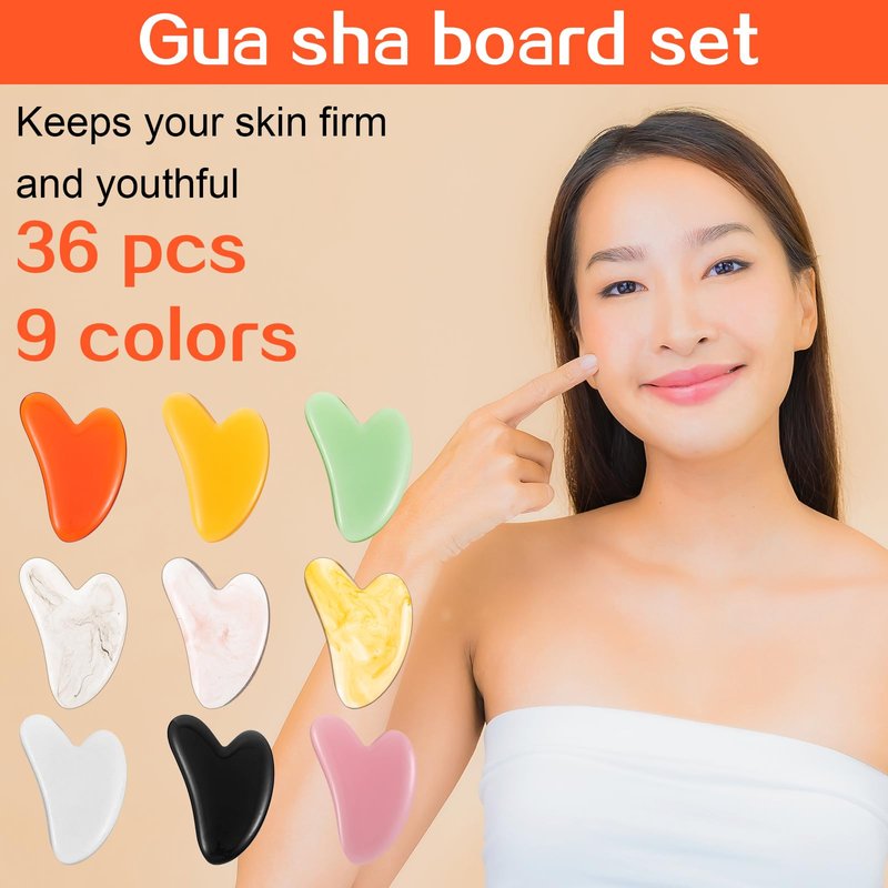 36 Pcs Gua Sha Facial Tool Set, Gua Sha Massage Tool Bulk with 9 Colors Heart Shaped Guasha Board for Face Body Skin Care, Relieve Muscle Tension & Reduce Puffiness