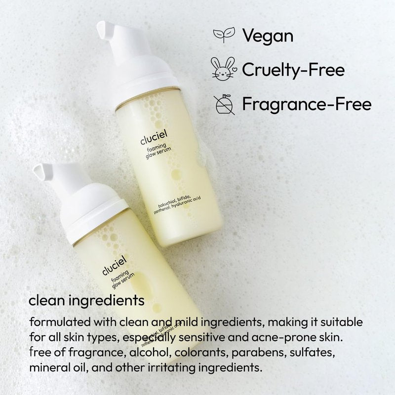 cluciel Foaming Glow Serum I Repairing Serum for Korean Glass Skin with Bakuchiol & Bifida, Smoothens Skin Texture, Balances Skin Tone, For Sensitive Skin, Fragrance-Free, Vegan (50ml / 1.69 fl.oz)