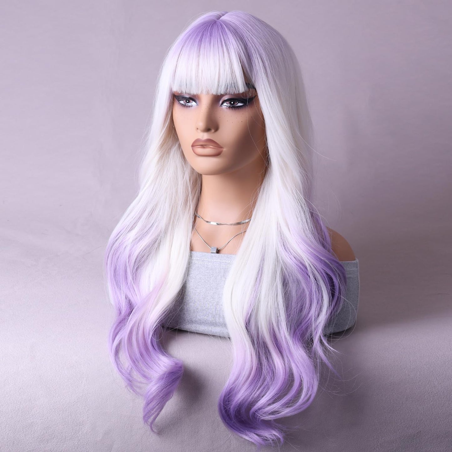 RightOn Purple Ombre Wig Long Wavy Wig Ombre Purple Wig with Bangs Purple Wigs with Wig Cap