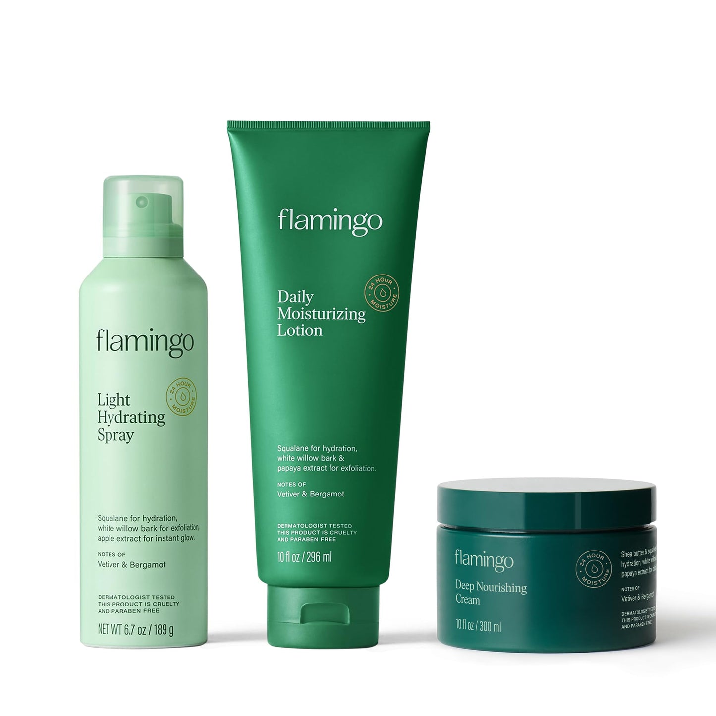 Flamingo Daily Moisturizing Collection: 1 Deep Nourishing Cream for Women 10 fl oz, 1 Daily Moisturizing Lotion 10 oz, and 1 Light Hydrating Spray 6.7 oz