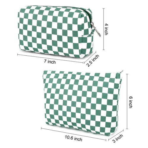 SOIDRAM 2 Pcs Checkered Makeup Bag Large Cosmetic Bag Toiletry Bag Makeup Pouch Travel Bag Organizer Cute Makeup Brushes Aesthetic Accessories Storage Bag for Women Olive Green
