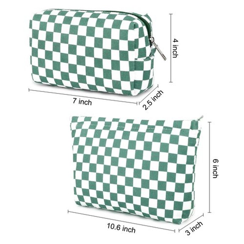 SOIDRAM 2 Pcs Checkered Makeup Bag Large Cosmetic Bag Toiletry Bag Makeup Pouch Travel Bag Organizer Cute Makeup Brushes Aesthetic Accessories Storage Bag for Women Olive Green