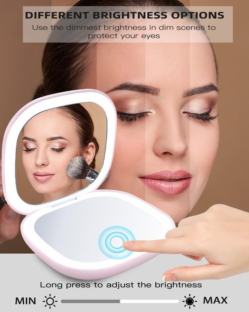 LHQOO LED Magnifying Travel Mirror 1/5x Portable Desktop Mirror - Magnifying Portable Double-Sided Dimmable USB Charging Touch Screen for Travel, Daily Commute and Dating (Pink)