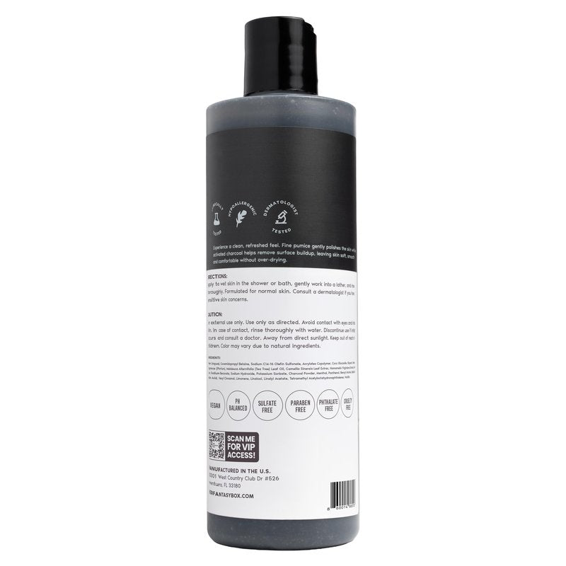 Her Fantasy Box | Charcoal Detox Exfoliating Body Wash – Activated Charcoal & Pumice Deep Cleanser with Tea Tree & Eucalyptus, Refreshing Exfoliation for Smoother Skin, Vegan & pH Balanced (16 oz)