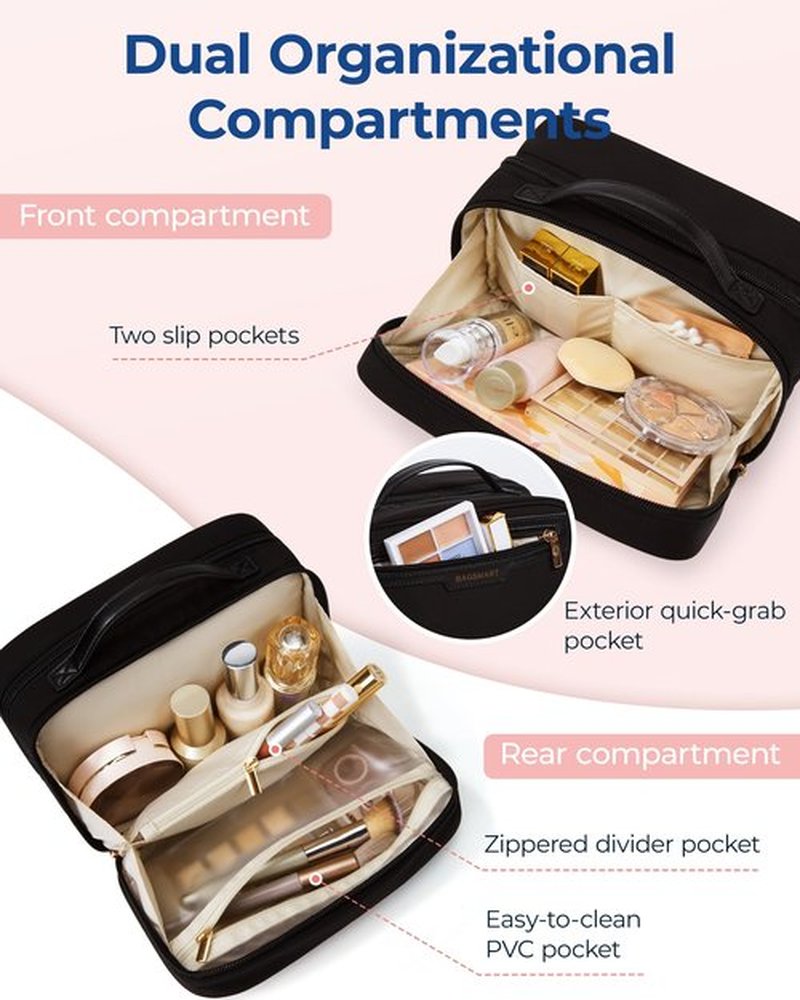 BAGSMART Travel Makeup Bag Large Capacity Cosmetic Bag, Wide-open Portable Make Up Bag Organizer for Women for Travel Essentials Travel-Size Toiletries Accessories Bottles, Brushes, Black
