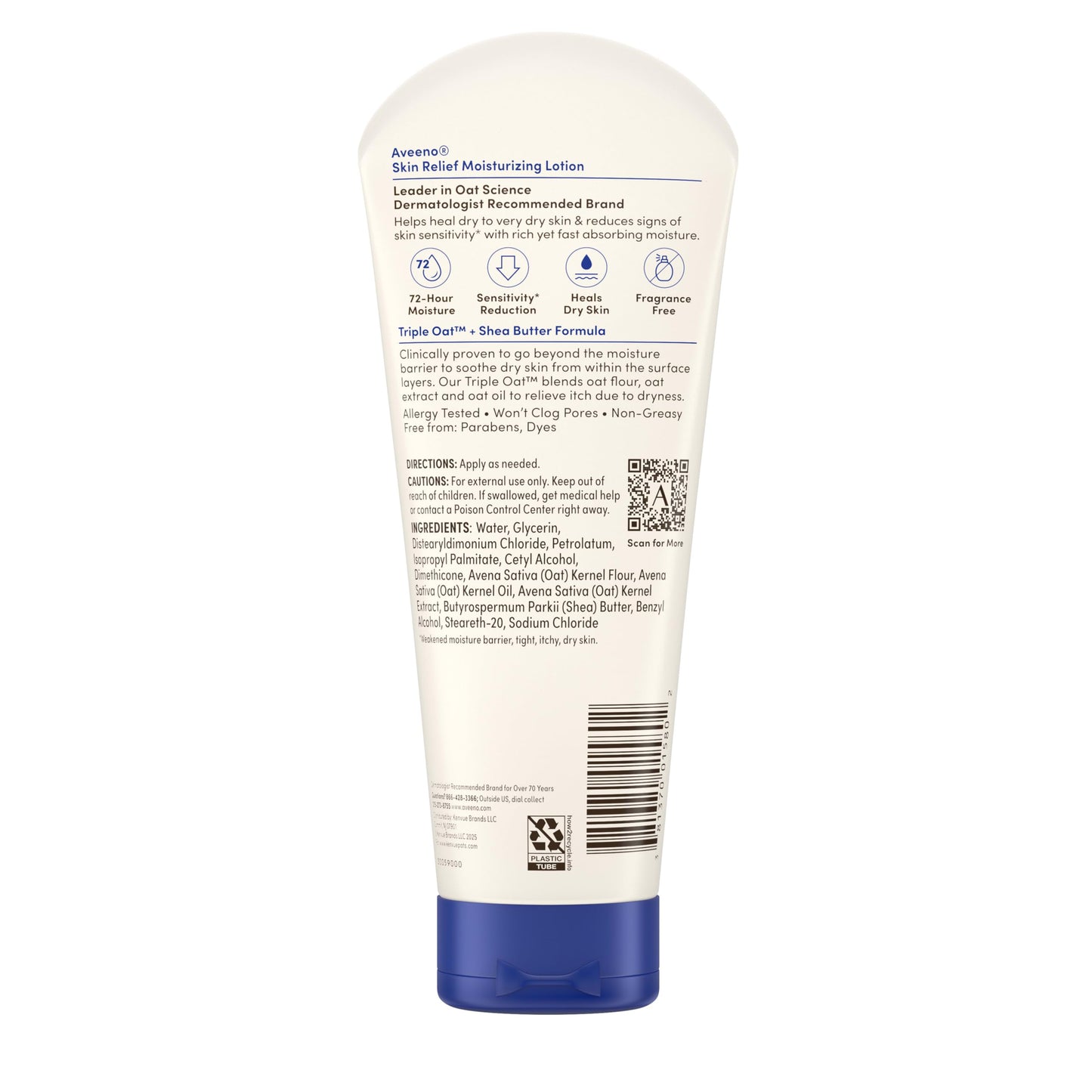 Aveeno Skin Relief Moisturizing Lotion Heals Very Dry, Sensitive Skin, Fast-Absorbing Body Lotion with Soothing Triple Oat & Shea Butter Formula, Fragrance Free, Non-Comedogenic, 8 oz