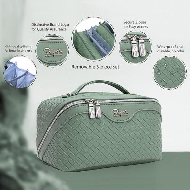 BOYATU Makeup Bag Travel Cosmetic Case: Large Capacity Woven Cosmetic Bag Organizer - Portable Toiletry Bags with Handle for Women 1-Z-Grass Green