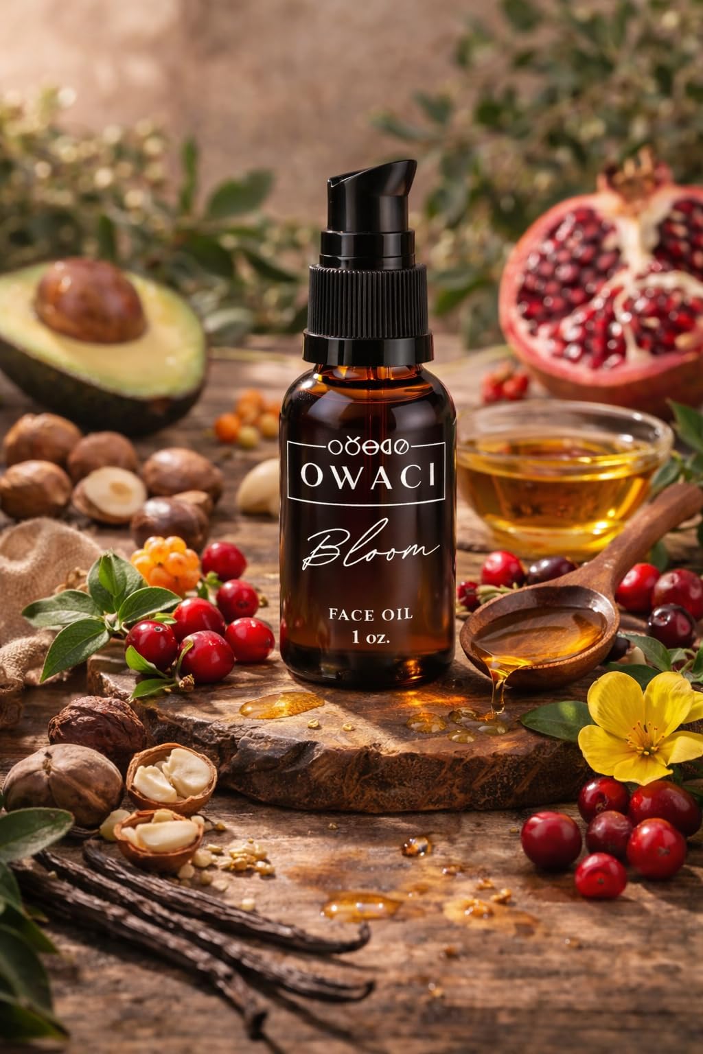Owaci Natural Face Oil for Glowing Skin – Rosehip, Plum, Kukui & Pomegranate Botanical Facial Oil – Hydrating Anti-Aging Moisturizer for Dry, Sensitive & Oily Skin – 1 oz Bloom Face Oil - Natural