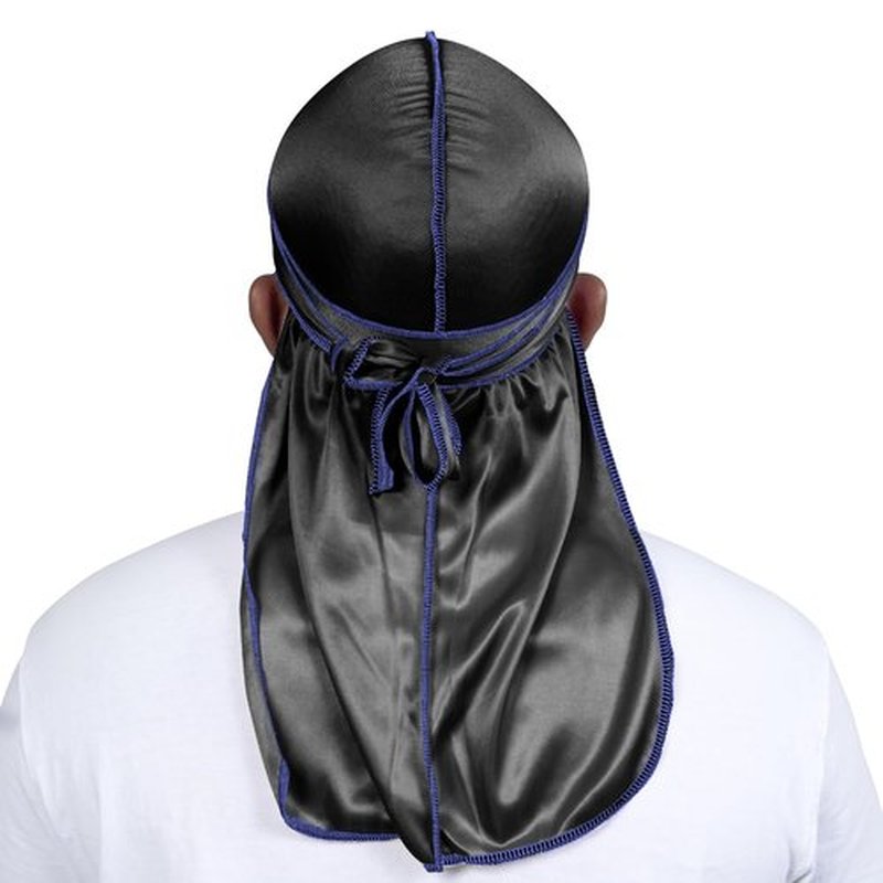 ForceWave Silky Durag for Men Wave Cap Satin Dorag for Men Women 360 Wave (Black with Blue Seam)