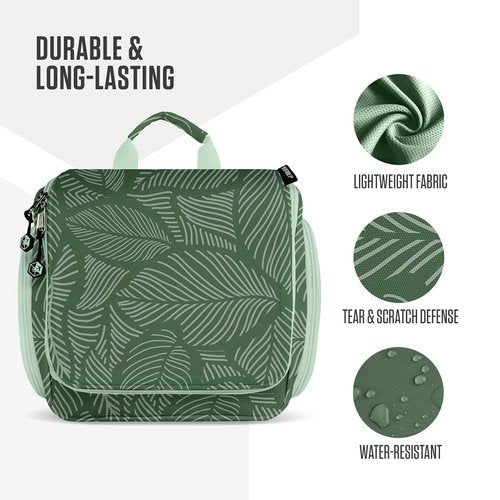 VENTURE 4TH Hanging Travel Toiletry Bag for Women & Men - Travel Organizer with Expandable Compartments & Removable Clear Pouch for Toiletries (Green Leaves)
