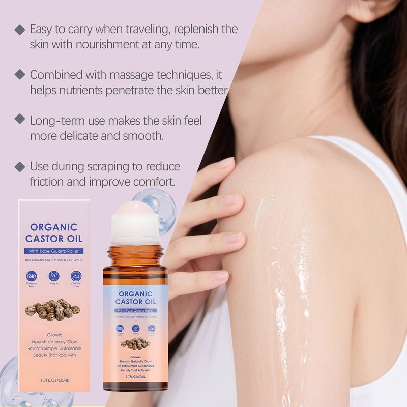 RADRUNE Organic Rose Quartz Castor Oil Roller, Organic Castor Oil Rose Quartz Roller Ball, 100% Cold Pressed Moisturizing Oil, For Face And Body, Hair, Eyebrows, Moisturize Skin (1pcs)