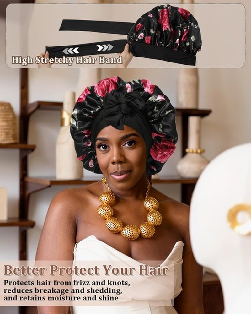 Reversible Satin Bonnet for Sleeping Women Silk Bonnet Double Layer Hair Bonnet with 2PCS Hair Scrunchies Elastic Tie Band Night Cap Hair Wrap for Natural Curly Hair (Black Flower + Black)